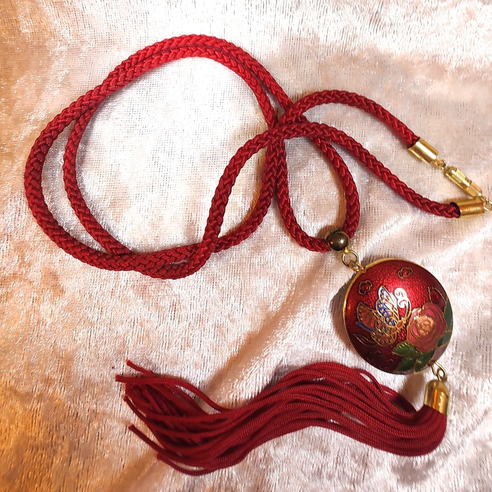 Cloisonne Puffy Red Flower & Butterfly Pendant Necklace - Red Cord